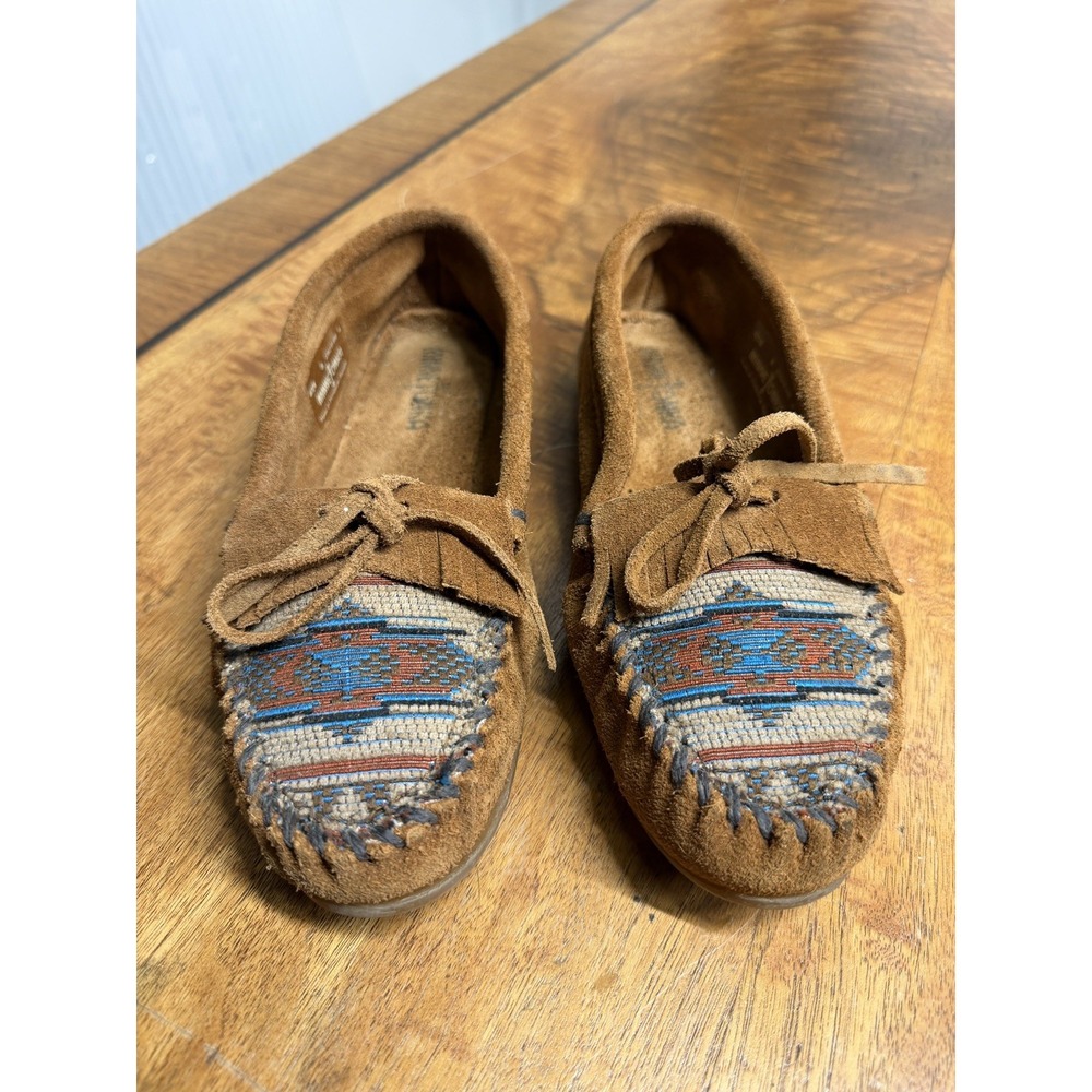 Vtg Minnetonka Moccasins Women's 8 Suede Tapestry Boho Aztec Slip On Shoes - Picture 1 of 6